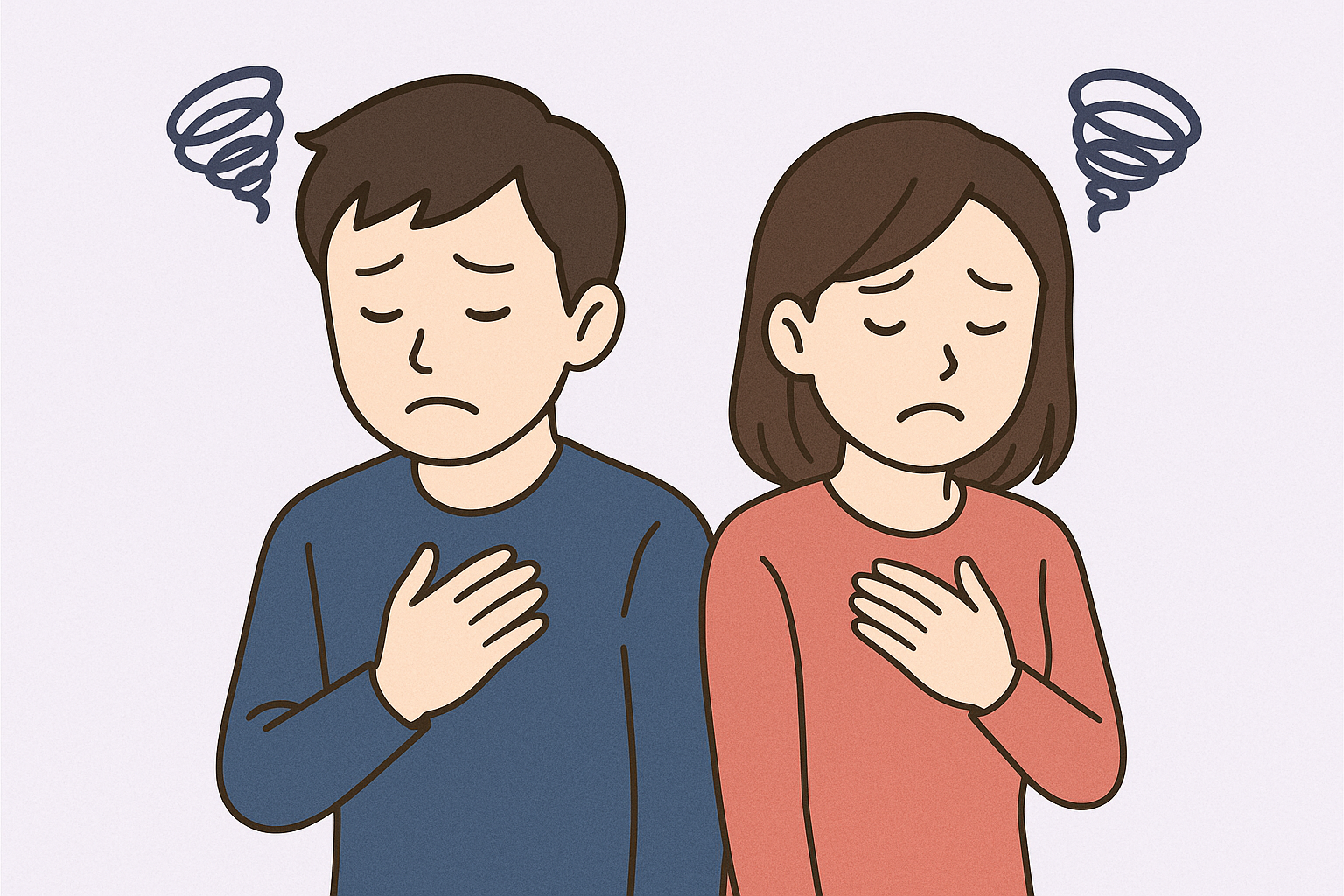 若い日本人男女が胸に手を当て、つらそうな表情を浮かべているイラスト。2人の頭上にはグルグルとした混乱を示すマークが描かれており、期待を裏切られたときの精神的なダメージを受けている様子が表現されている。