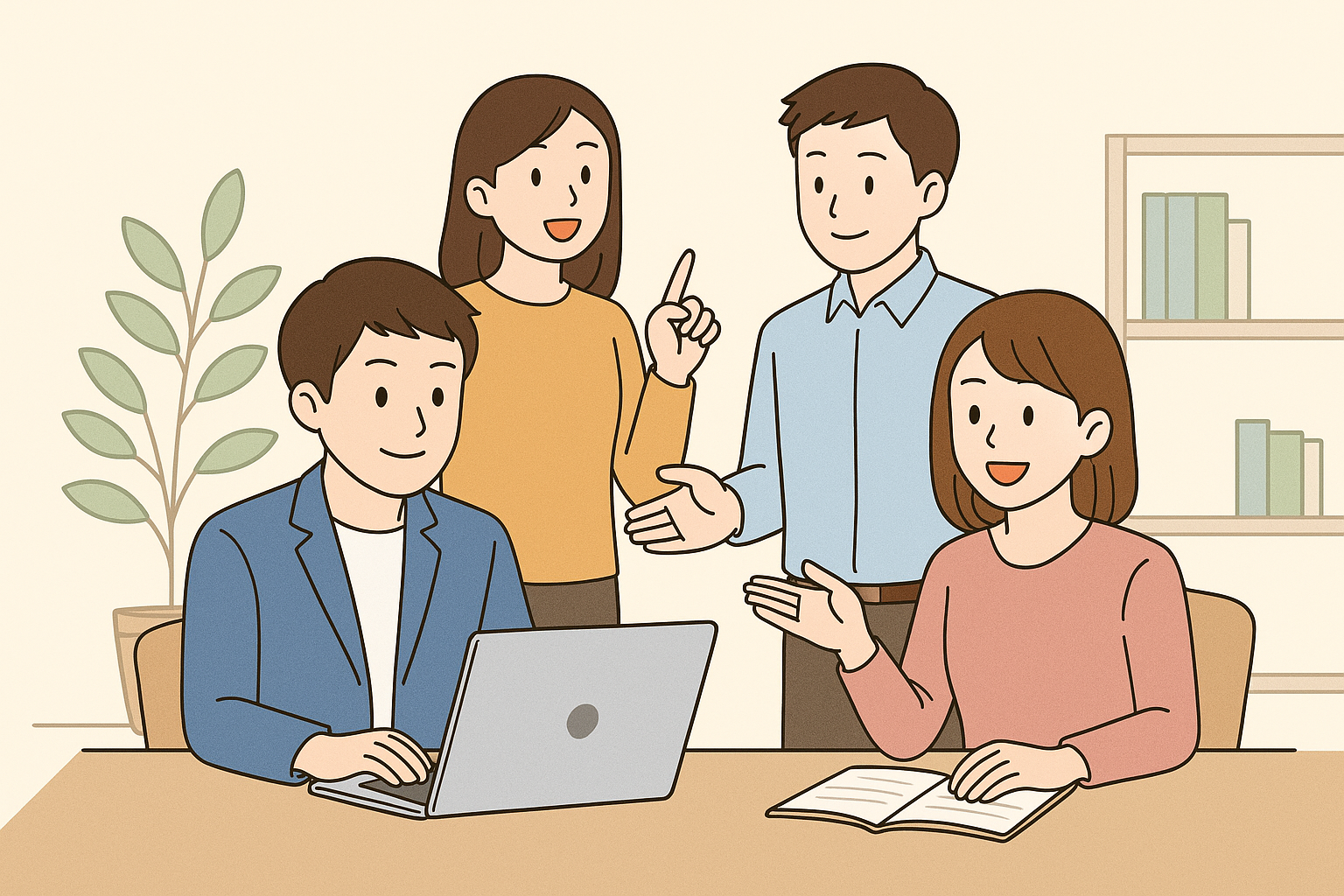 若い日本人男女4人がオフィスのテーブルで和やかに意見を交わしているイラスト。笑顔で話し合う様子から、裏切りや派閥が生まれにくい、風通しのよい組織の雰囲気が伝わる。
