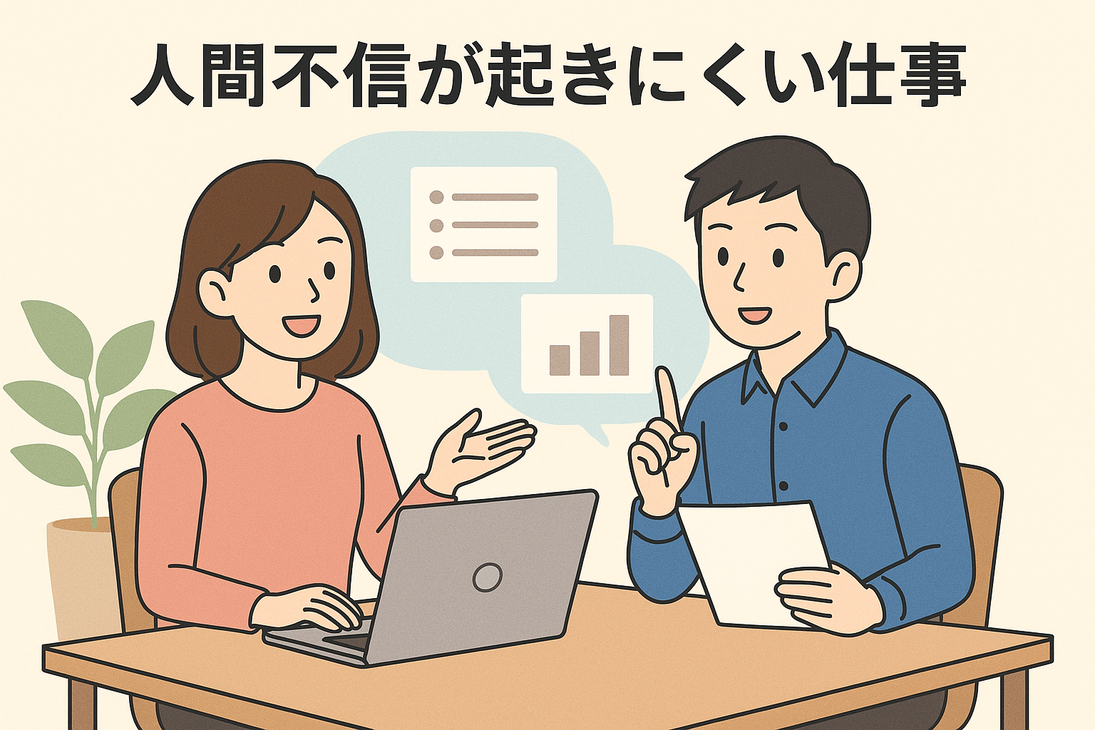 若い日本人男女がデスクで仕事のジャンルについて話し合っているイラスト。女性はノートパソコンの画面を指差しながら説明し、男性は資料を手にしつつうなずいている。吹き出しにはグラフやリストの図が描かれ、人間不信が起きにくい仕事について議論している様子が表現されている。