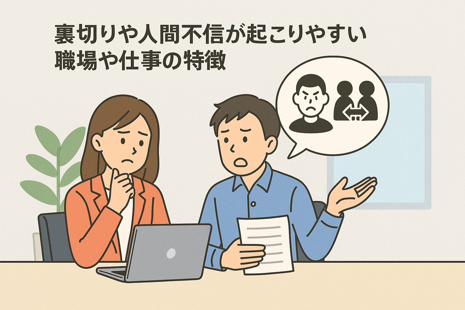 若い日本人男女が職場や仕事について話し合っているイラスト。女性は不安げな表情でパソコンに向かい、男性は資料を持ちながら困った様子で説明している。吹き出しには怒った人物と派閥を象徴するアイコンが描かれ、裏切りや人間不信が起こりやすい職場や仕事の特徴を議論している様子が表現されている。