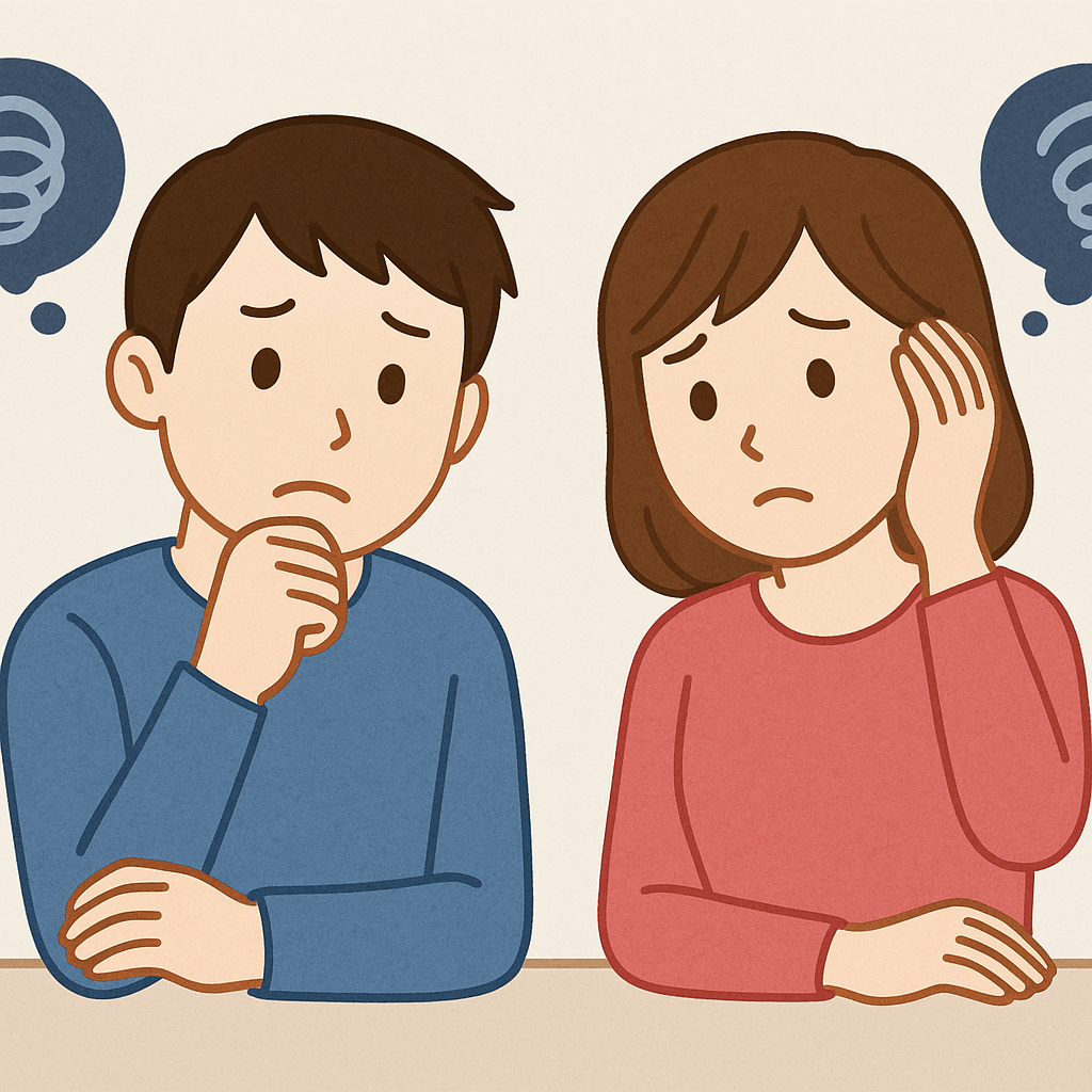 若い日本人男女が不安そうな表情で座っているイラスト。男性は顎に手を当てて考え込み、女性は頬に手を添えて心配そうにしている。2人の頭上にはぐるぐるマークの吹き出しがあり、『転職しても同じことが起きるかもしれない』という不安を抱えている様子が表現されている。