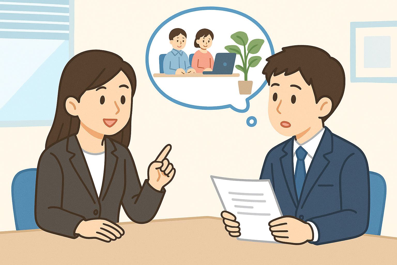 若い日本人男女が面接をしているイラスト。スーツ姿の女性が説明をし、男性は履歴書を持ちながら真剣な表情で話を聞いている。男性の頭上には職場の様子をイメージした吹き出しがあり、職場の雰囲気を見抜こうとしている様子が表現されている。